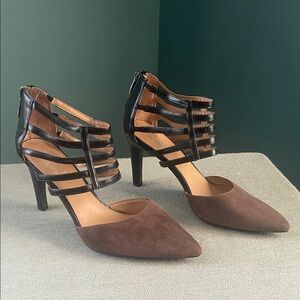 Franco Sarto leather  Brown and Black Women's Heels woven ankle 9.5